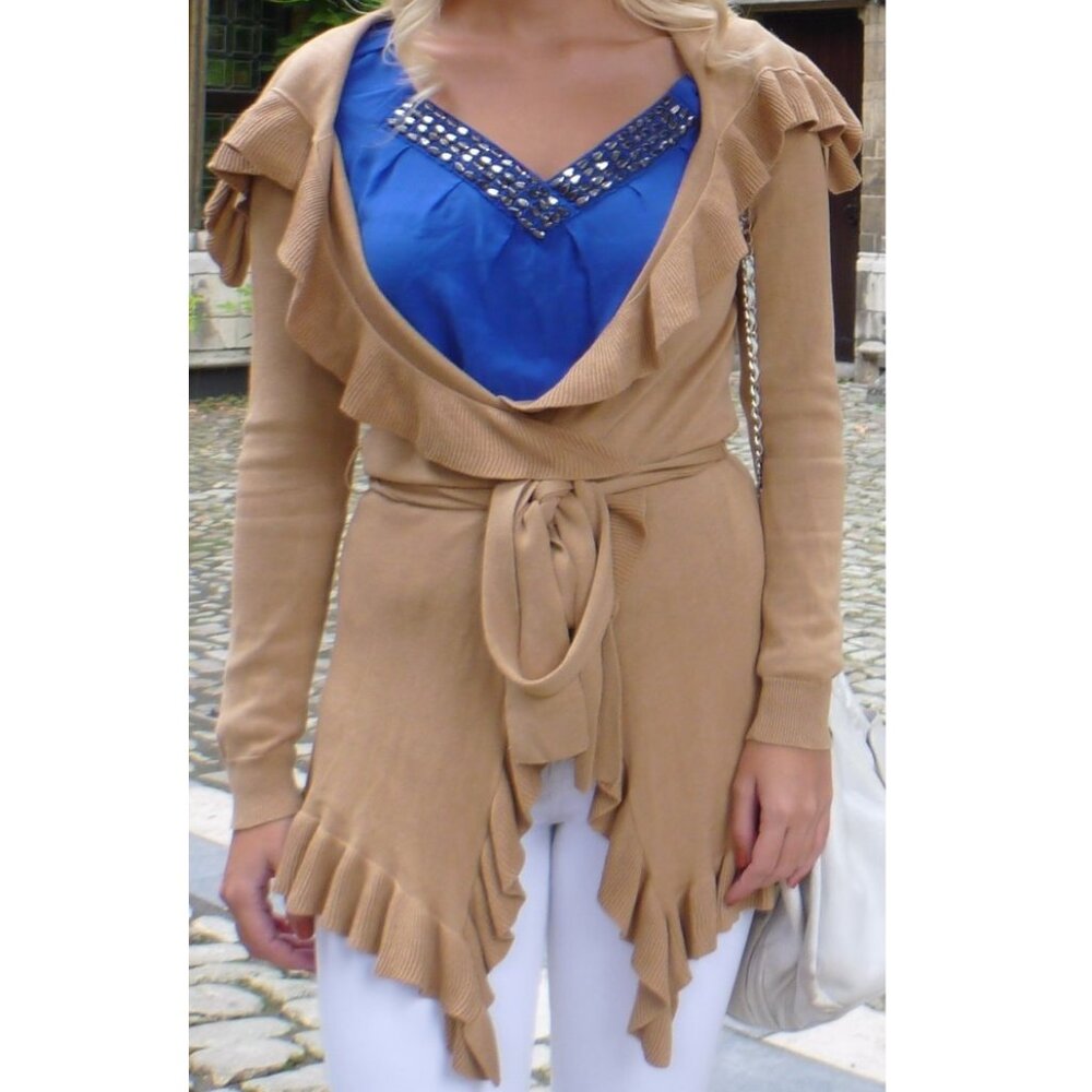 Bebe silk cotton blend ruffled open cardigan in camel